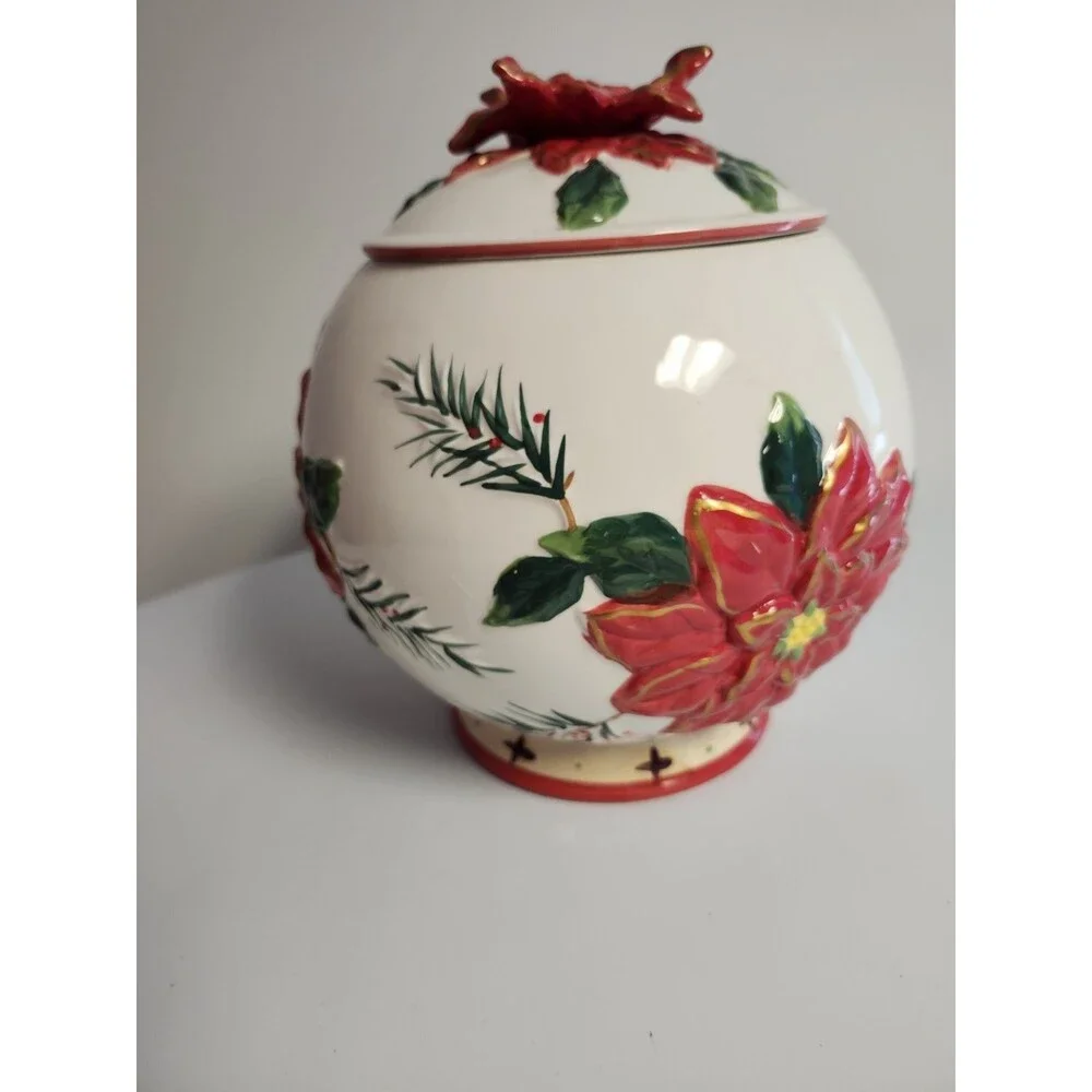 Vintage BICO Christmas 3D POINSETTIA Centerpiece COOKIE JAR 9